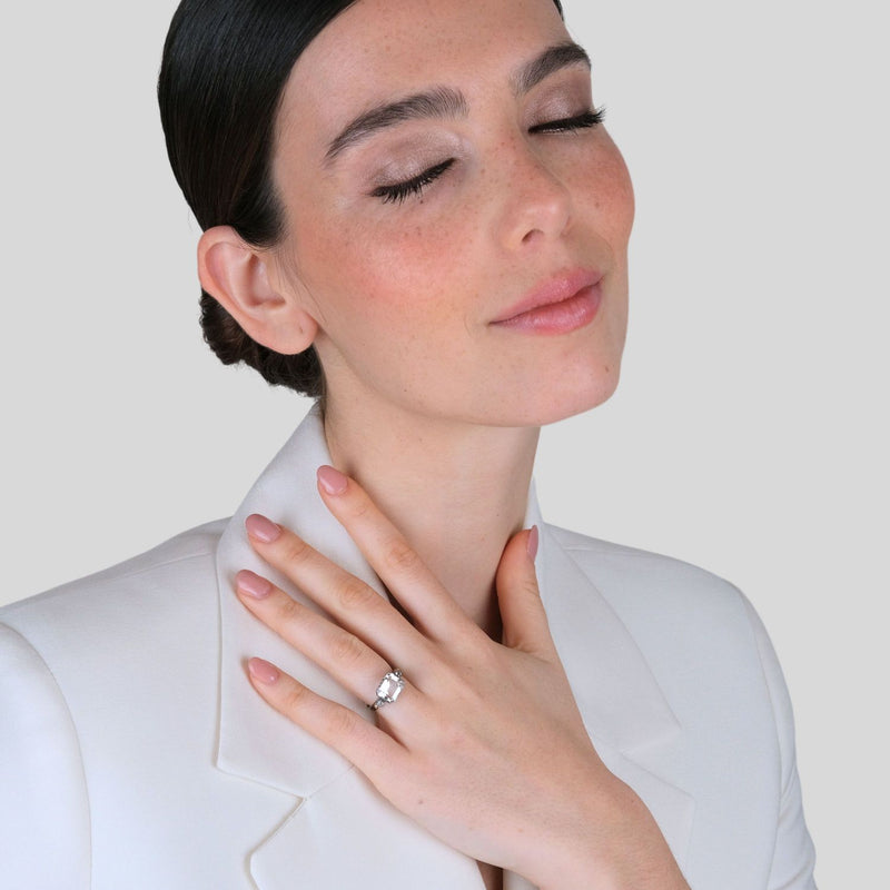 Anel Solitário Rectangular Cristal de Rocha em Prata e Ouro