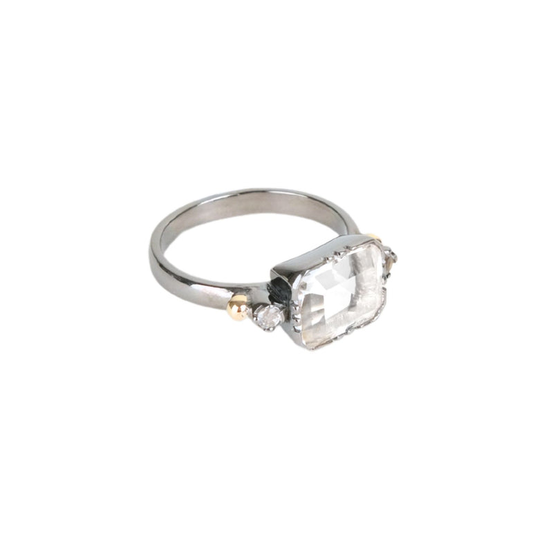 Anel Solitário Rectangular Cristal de Rocha em Prata e Ouro