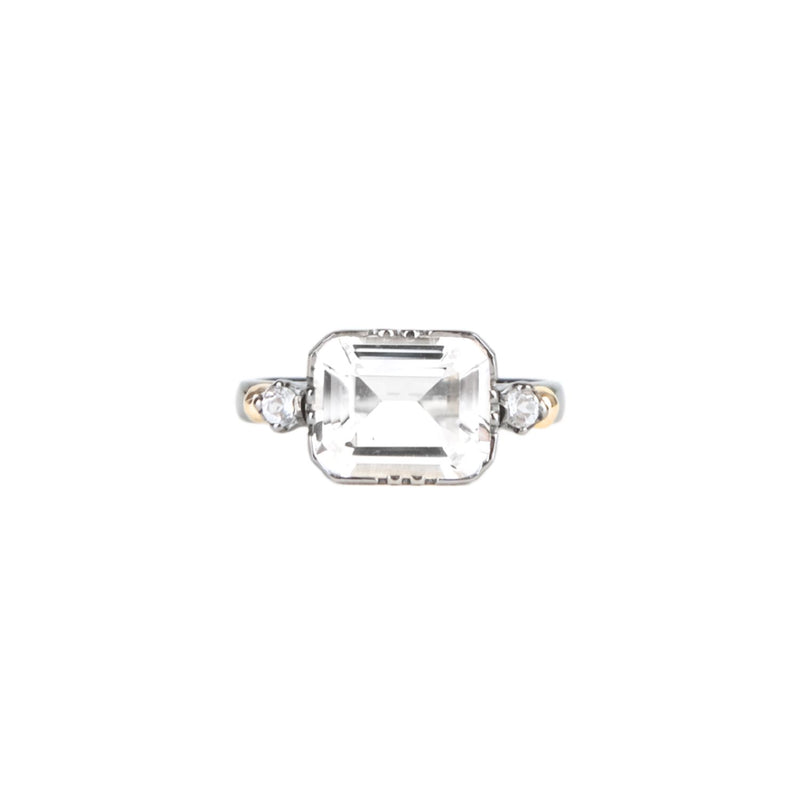 Anel Solitário Rectangular Cristal de Rocha em Prata e Ouro