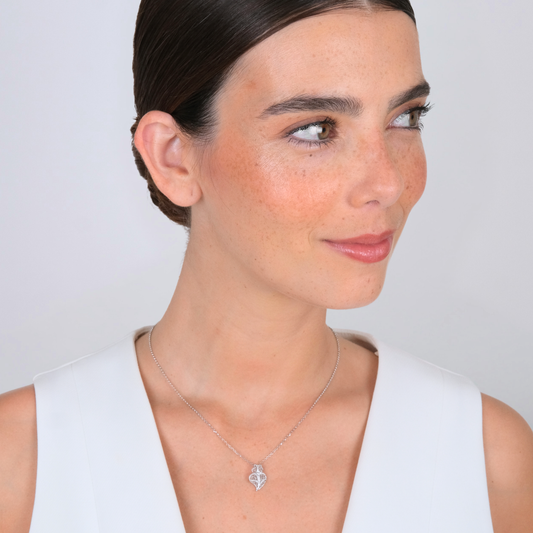 Necklace Heart of Viana in Silver worn by model - filigree jewelry