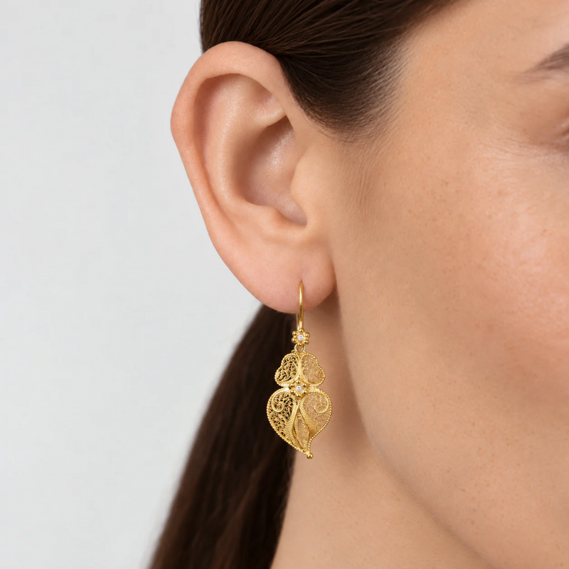 Boucles d'Oreilles Cœur de Viana Fleur en Or 19,2 Carats et Diamants
