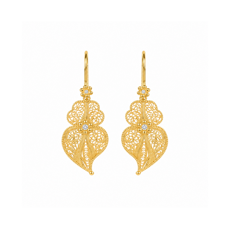 Boucles d'Oreilles Cœur de Viana Fleur en Or 19,2 Carats et Diamants