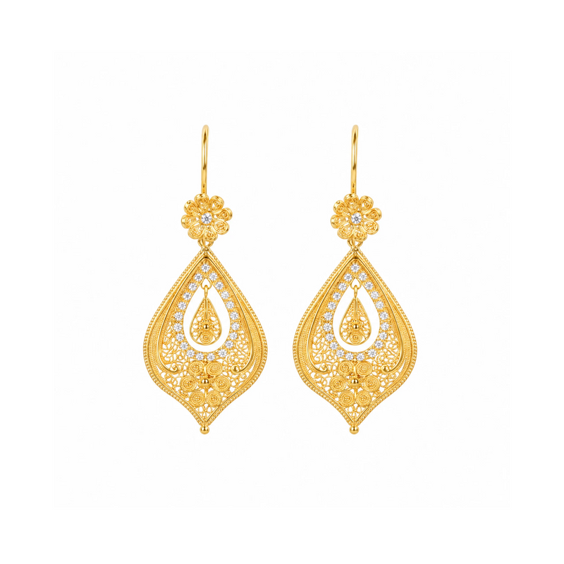 Pendientes Lágrima Flor de Oro 19,2Kt con Diamantes