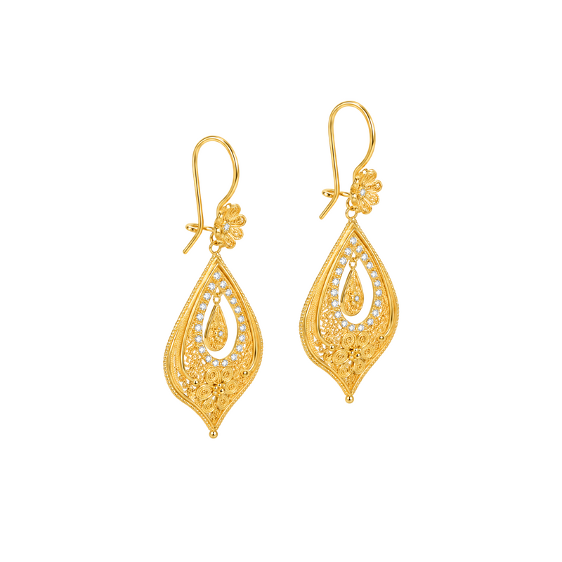 Pendientes Lágrima Flor de Oro 19,2Kt con Diamantes