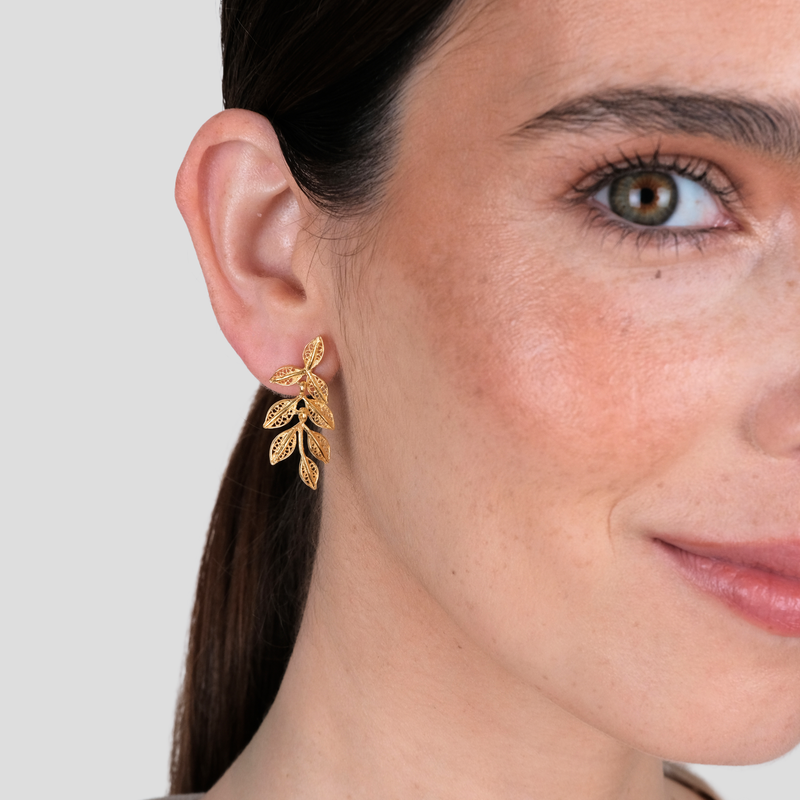 Boucles d'Oreilles Feuilles en Argent Plaqué Or