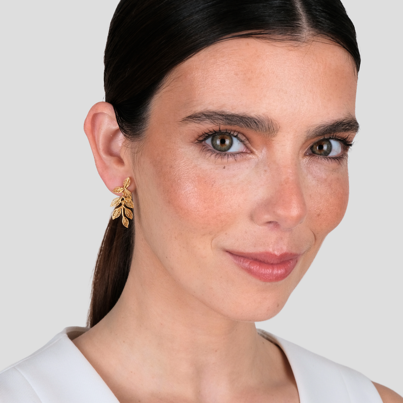 Boucles d'Oreilles Feuilles en Argent Plaqué Or