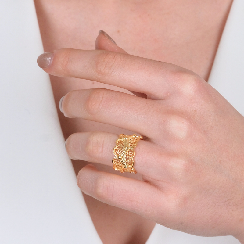 Anel Corações em Prata Dourada