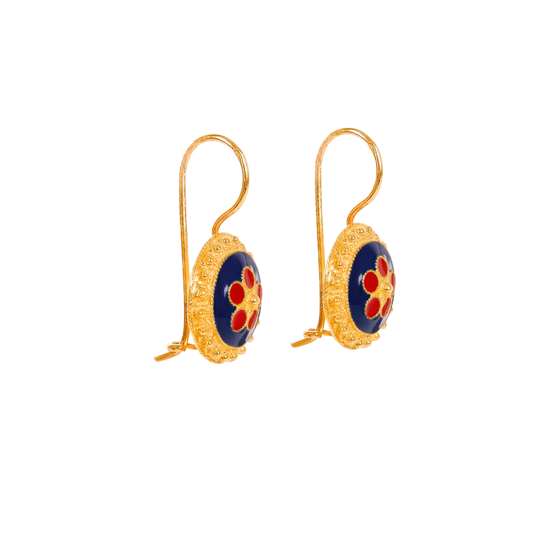 Boucles d'Oreilles Caramujo Bleu et Rouge en Argent Plaqué Or