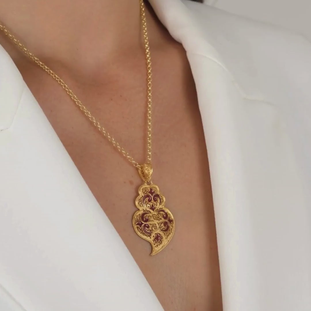 Necklace Heart of Viana Red Azulejo in Gold Plated Silver