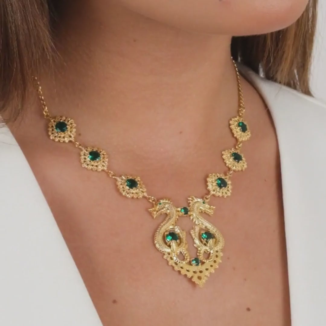 Necklace Queen Dragon Green in Gold Plated Silver