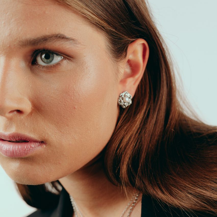 Earrings Flower with Marcasites and Pearl in Silver 