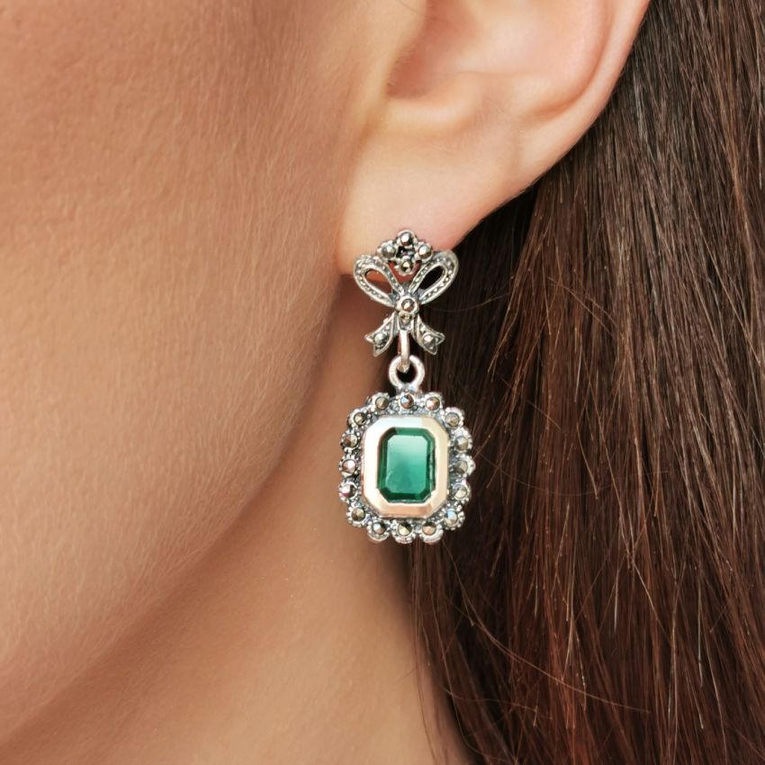 Earrings Green Tie in Silver and Gold 