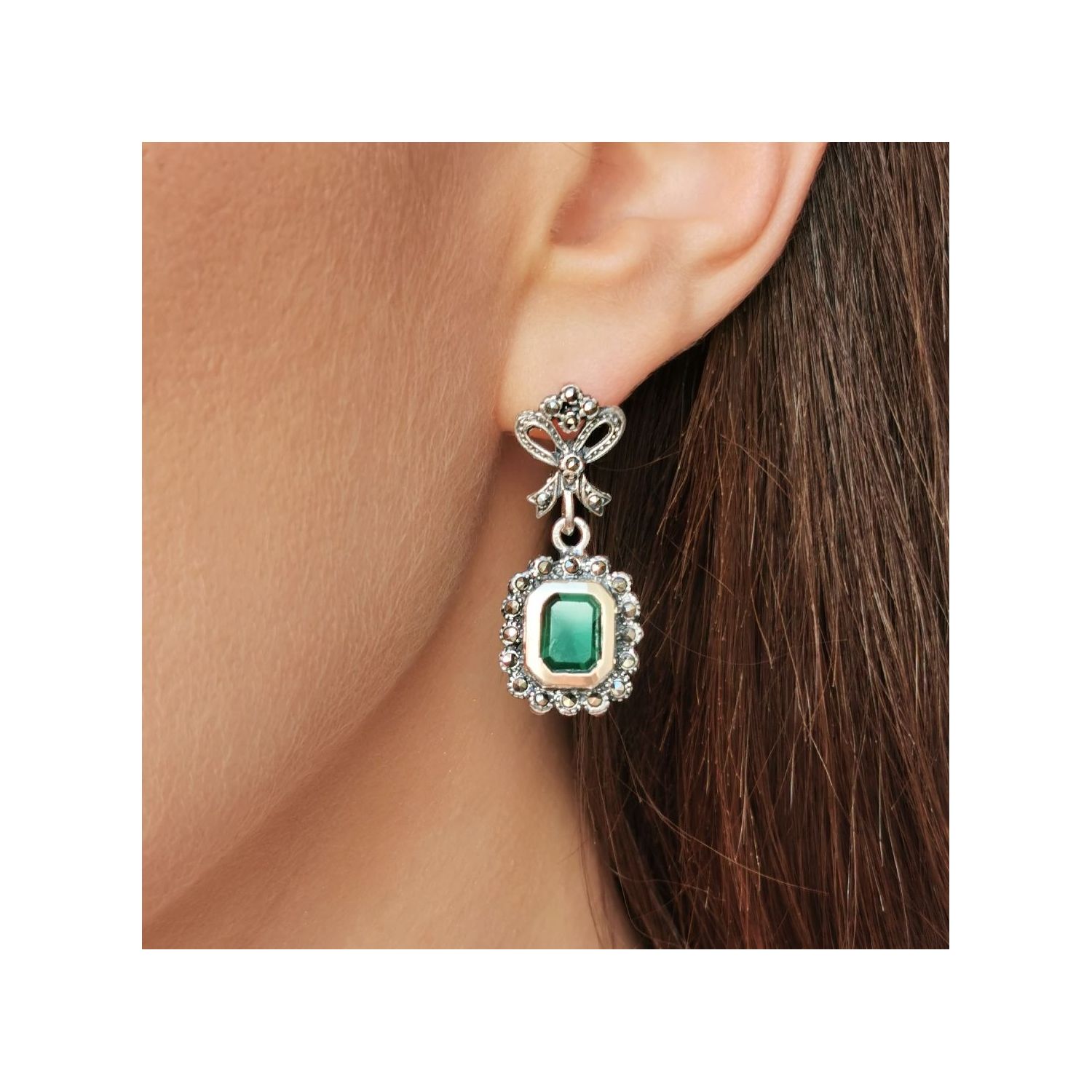 Earrings Green Tie in Silver and Gold 