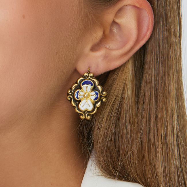 Earrings Baroque Blue Enamel in Gold Plated Silver 