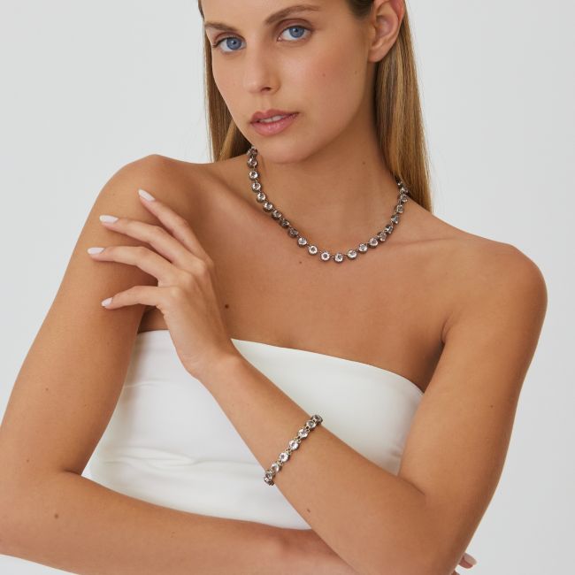 Pulseira Riviera Cristal de Rocha em Prata e Ouro 