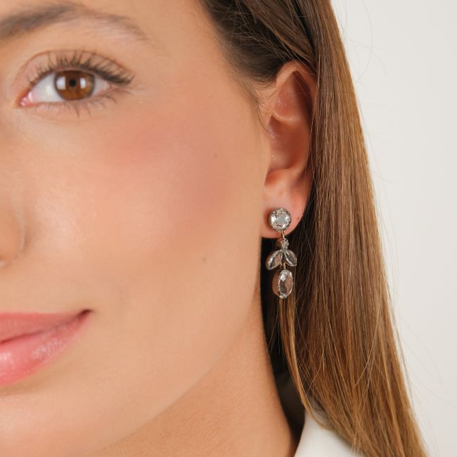 Boucles d'Oreilles Feuilles Cristal de Roche en Argent et Doré 