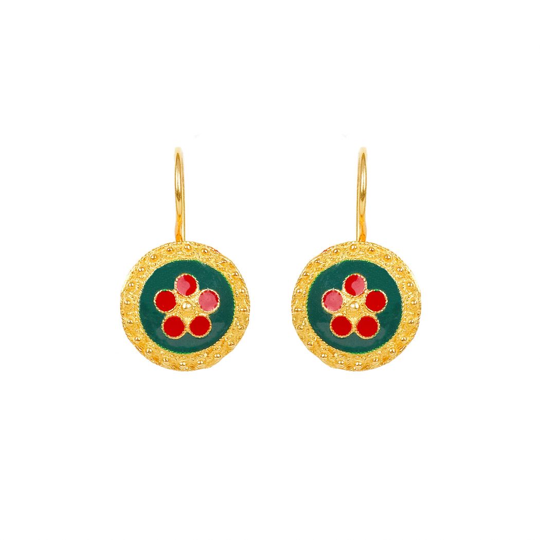 Earrings Green and Red Caramujo in Gold Plated Silver 