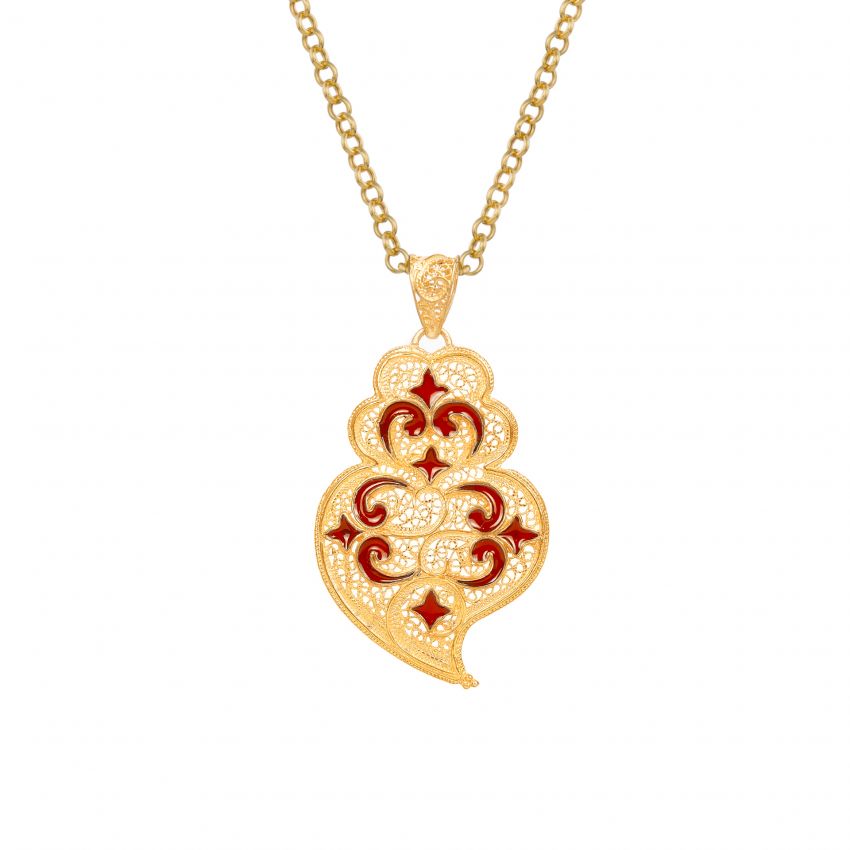 Necklace Heart of Viana Red Azulejo in Gold Plated Silver 