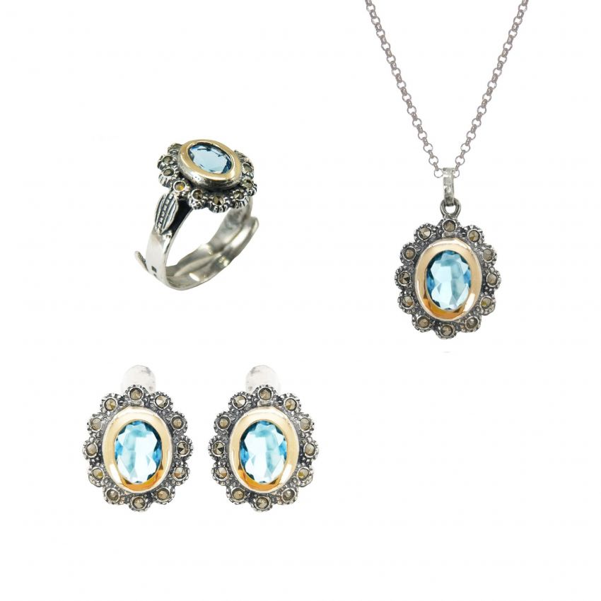 Parure Marcassites Bleues en Argent et Or 