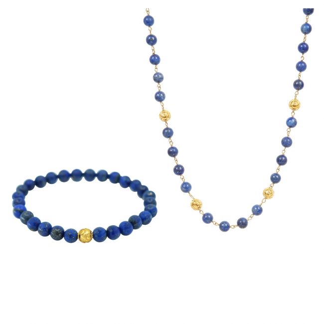Conjunto Contas de Viana em Ouro 19,2Kt com Lapis Lazuli 