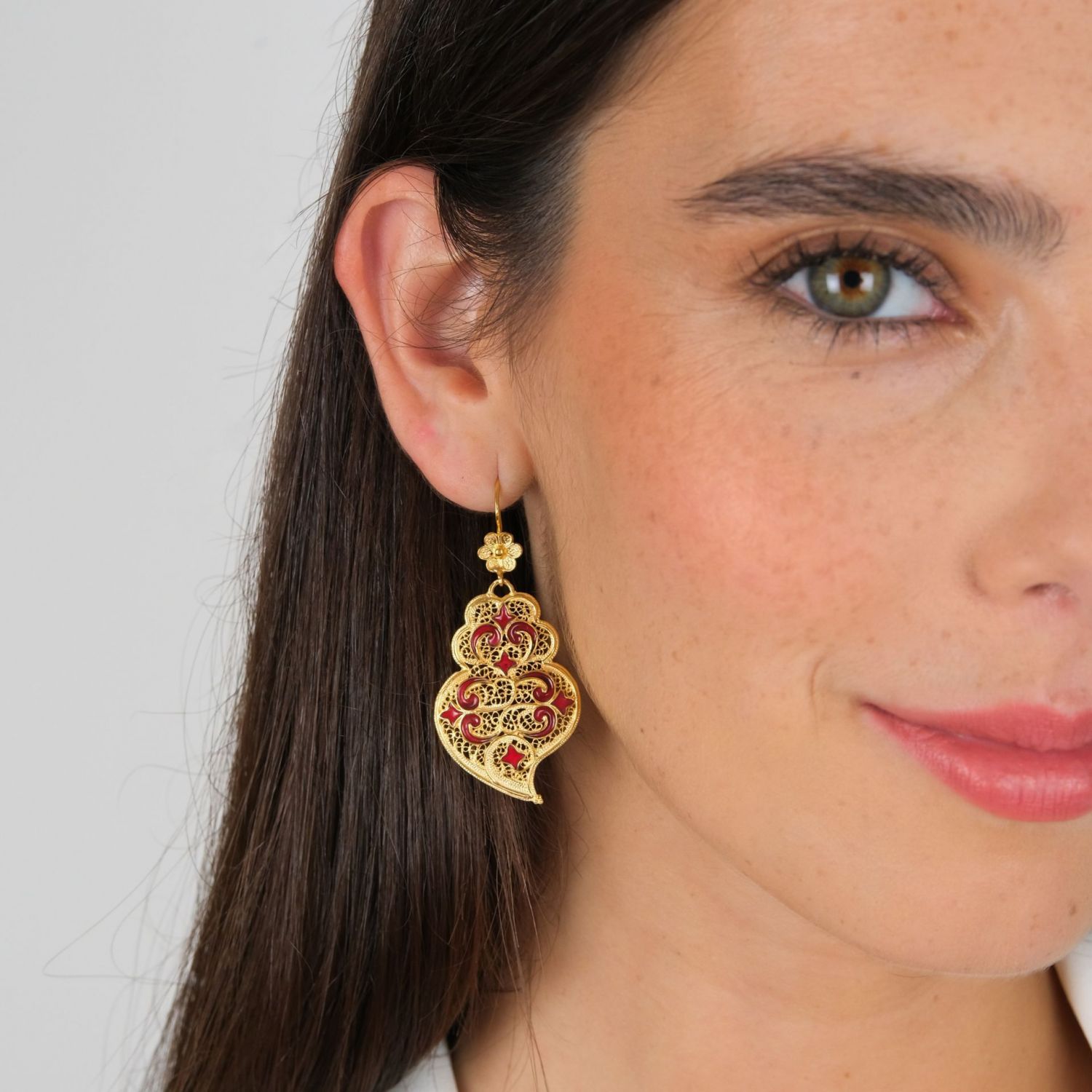 Boucles d'Oreilles Coeur de Viana Azulejo Rouge en Argent Plaqué Or Boucles d'Oreilles Coeur de Viana Azulejo Rouge en Argent Plaqué Or