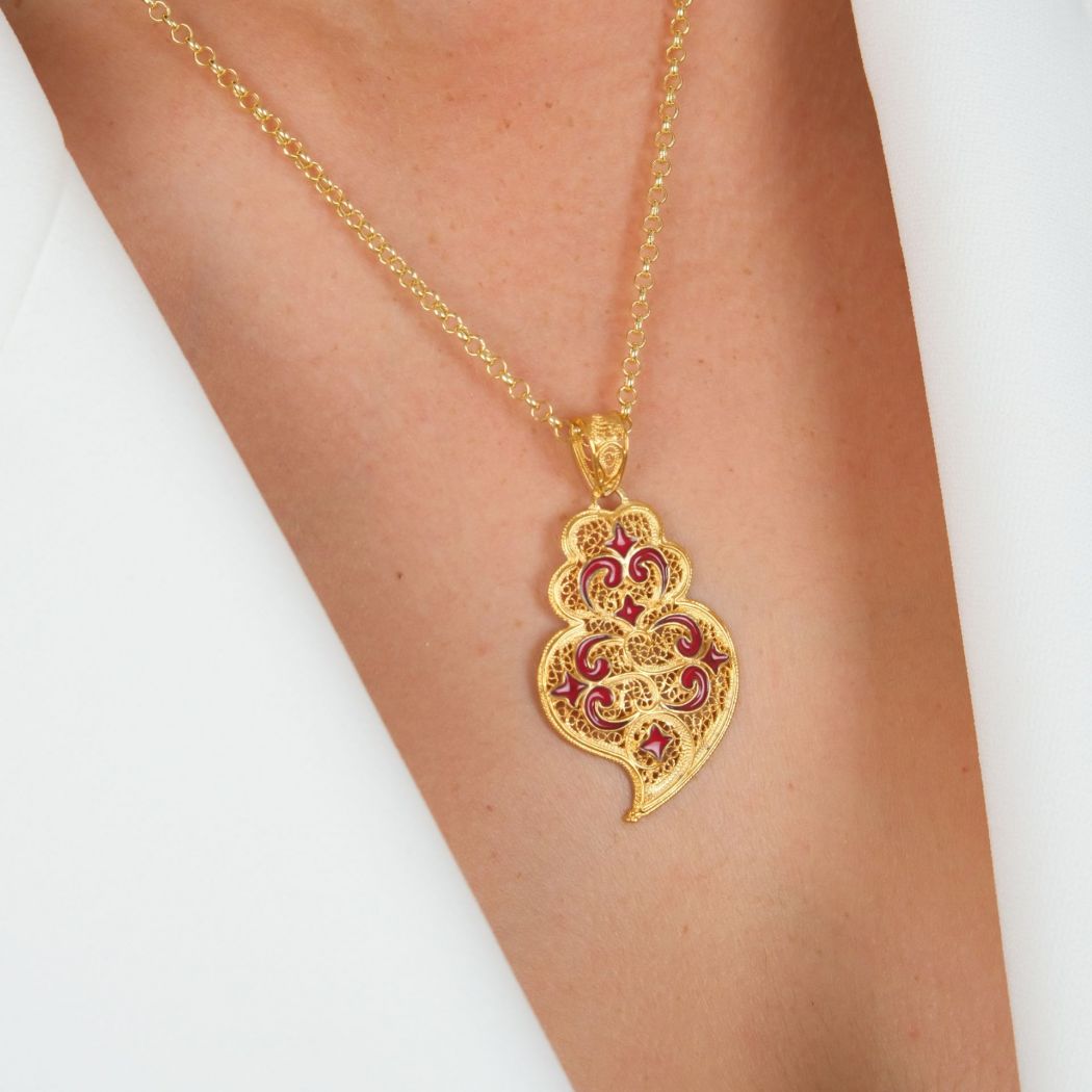 Necklace Heart of Viana Red Azulejo in Gold Plated Silver 