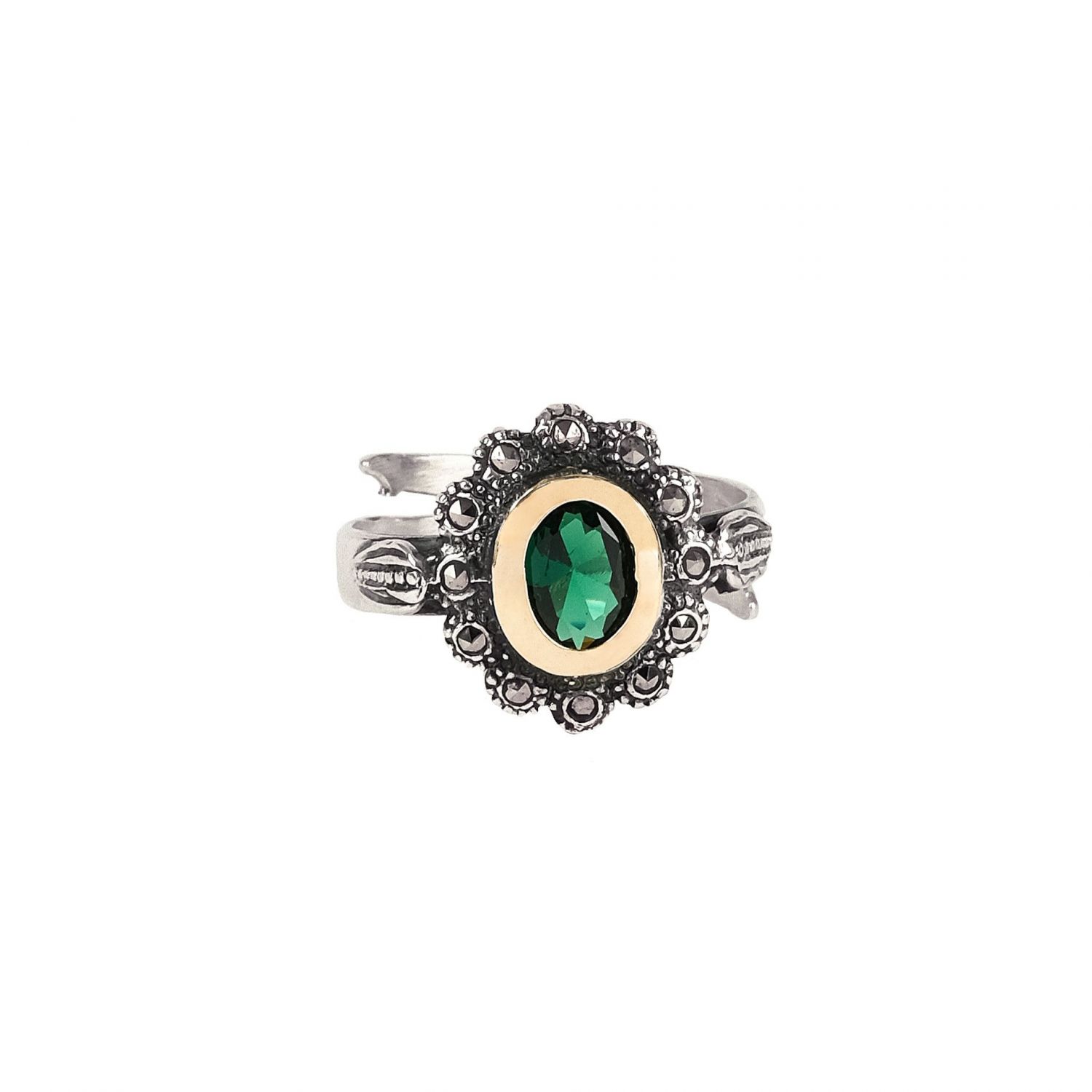 Anel Verde Marcassites em Prata e Ouro 
