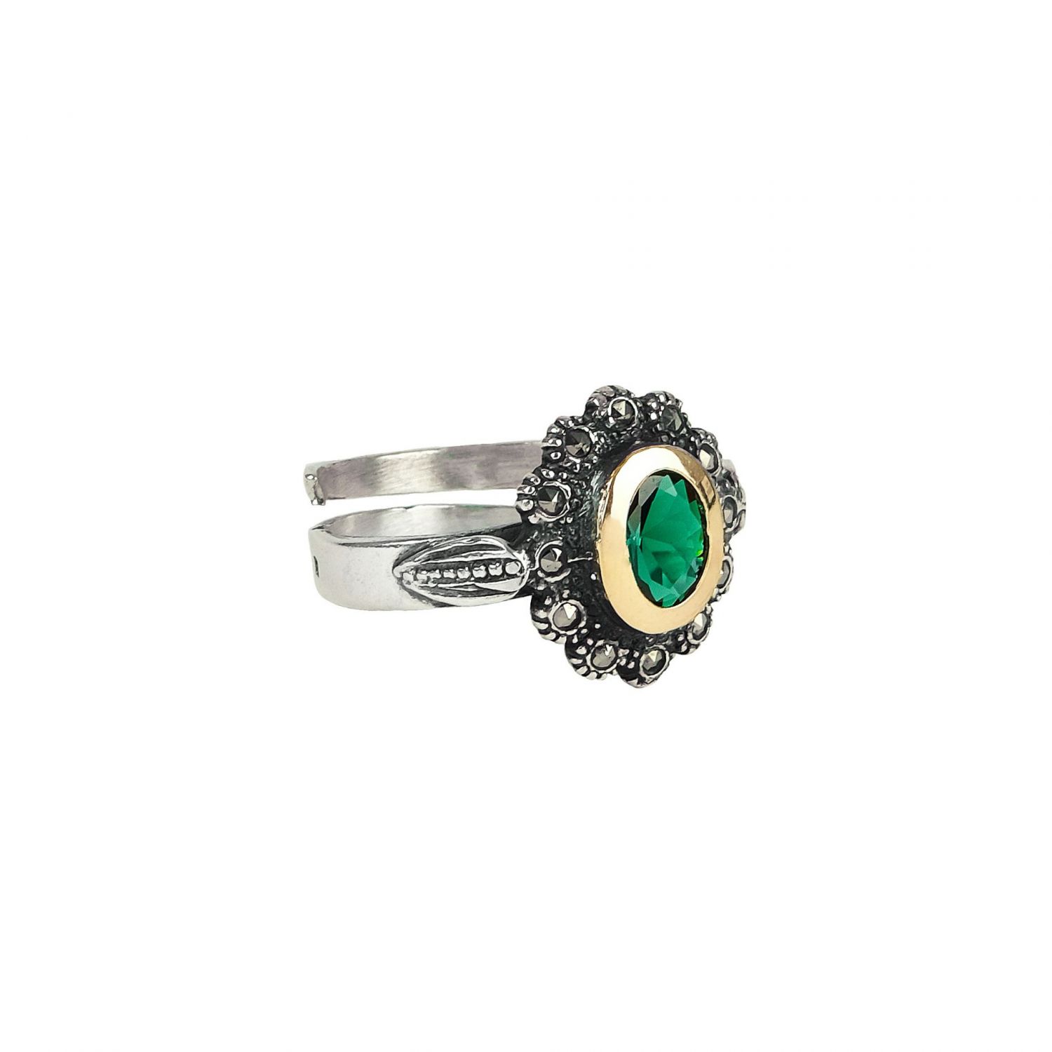 Anel Verde Marcassites em Prata e Ouro 