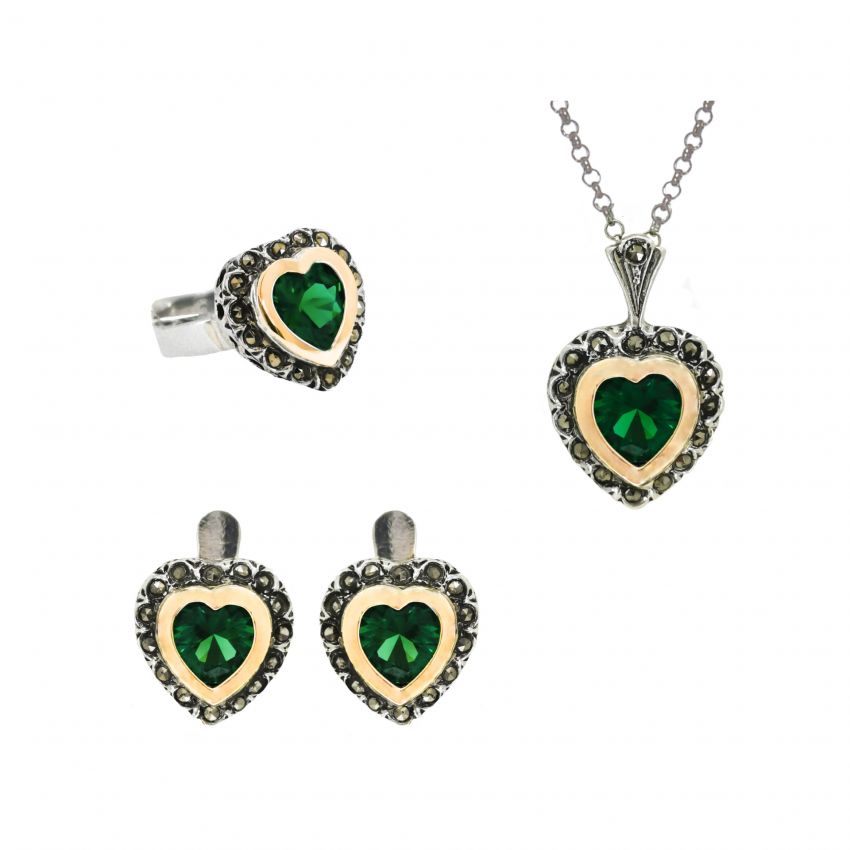 Conjunto Vintage Verde em Prata e Ouro 