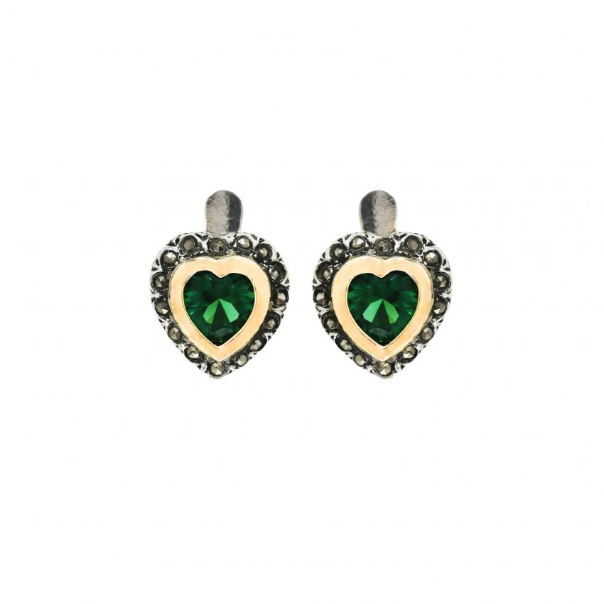Boucles d'Oreilles Vintage Vert en Argent et Or 