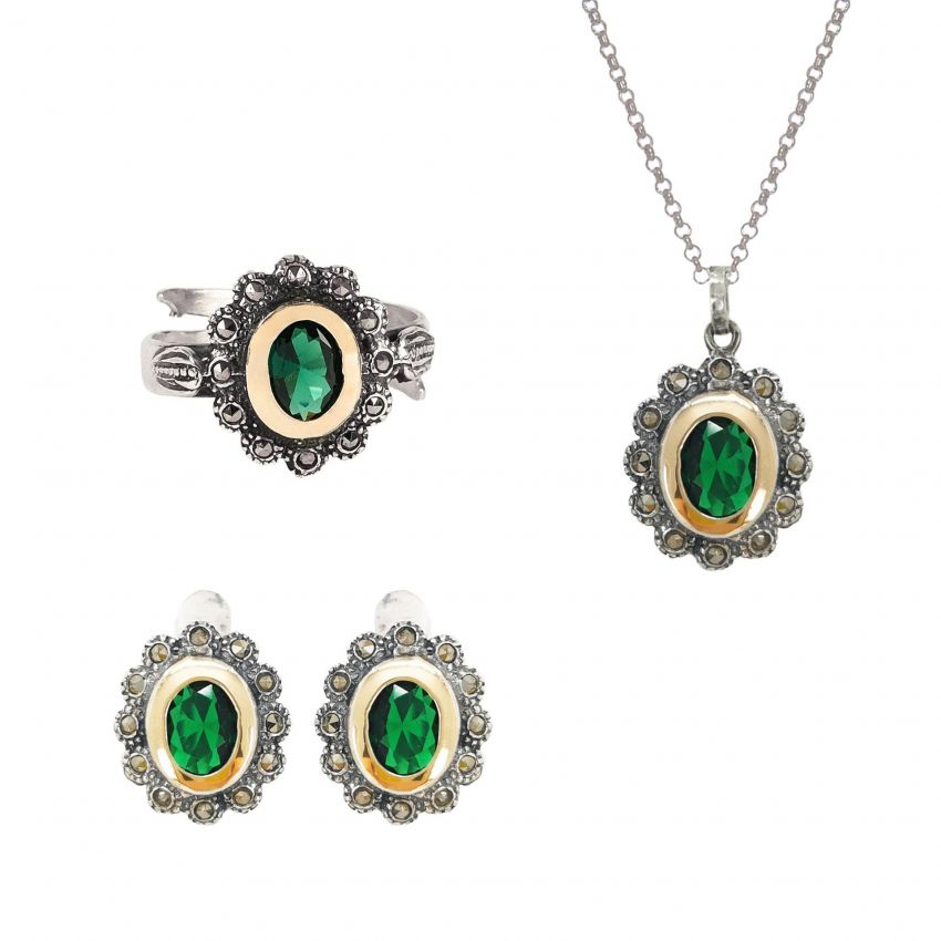 Parure Marcassites Vertes en Argent et Or 