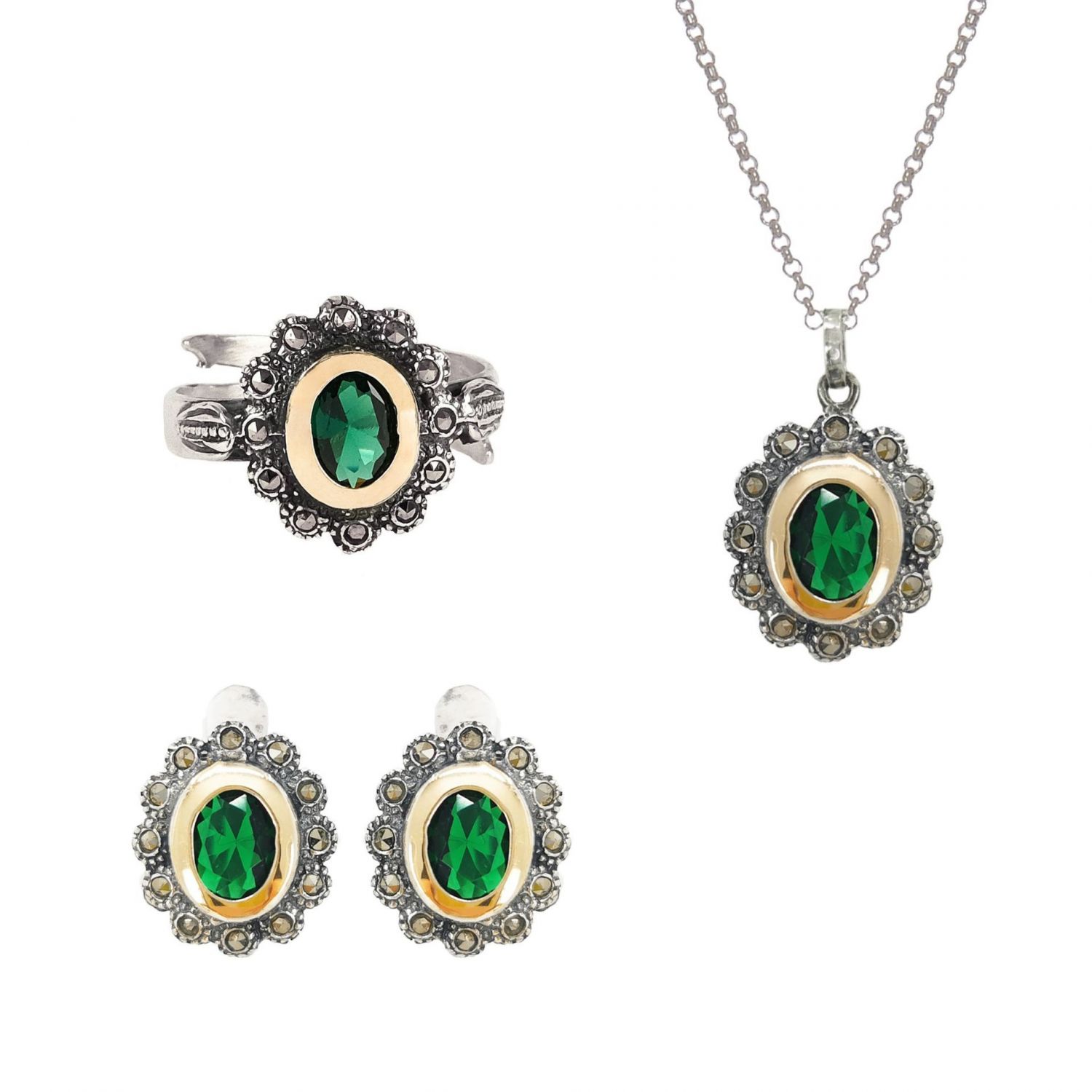 Conjunto Verde Marcassites em Prata e Ouro Conjunto Verde Marcassites em Prata e Ouro