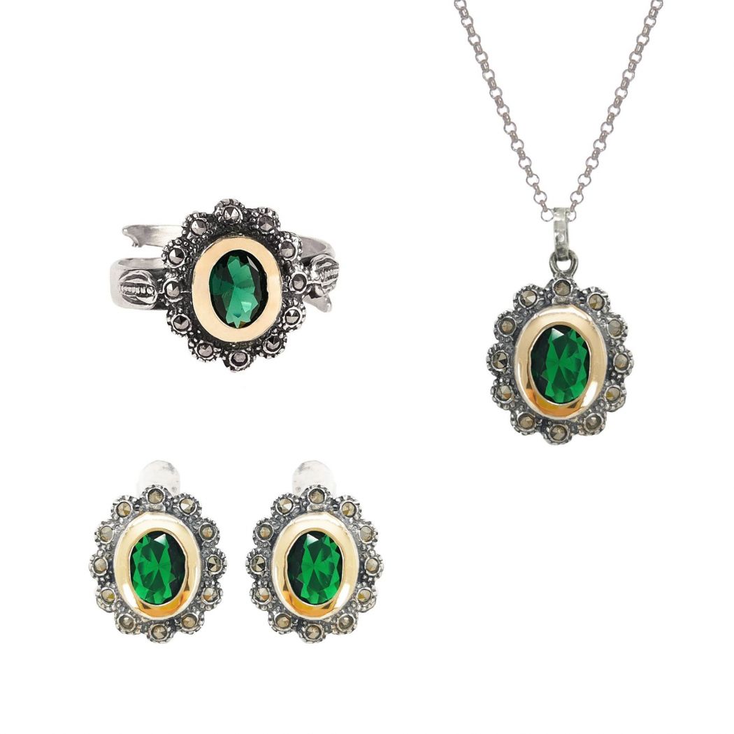 Set Green Marcasites in Silver and Gold 