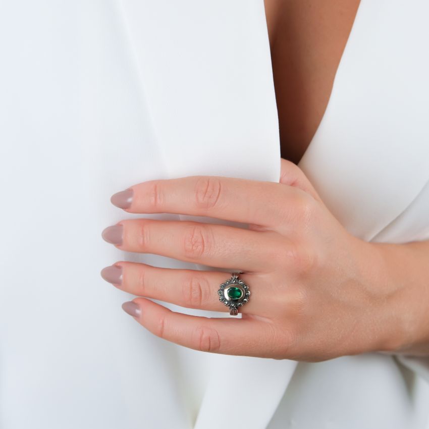 Ring Green Marcasites in Silver and Gold 