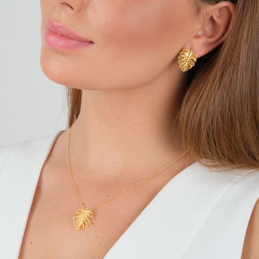 Conjunto Monstera de Plata Bañada en Oro 