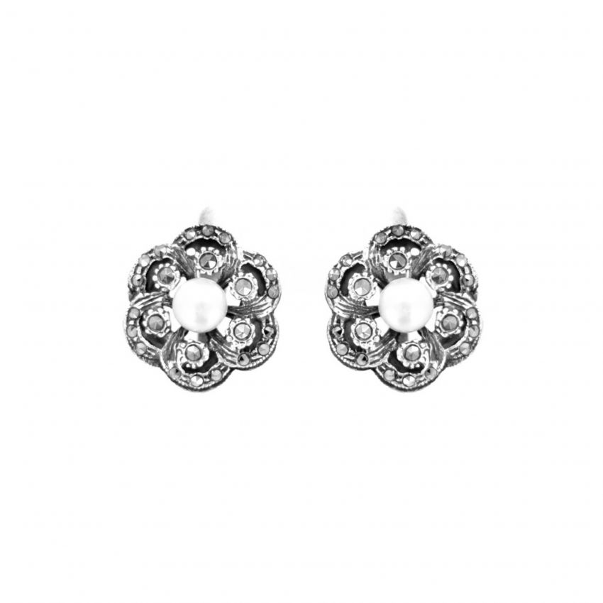 Earrings Flower with Marcasites and Pearl in Silver 