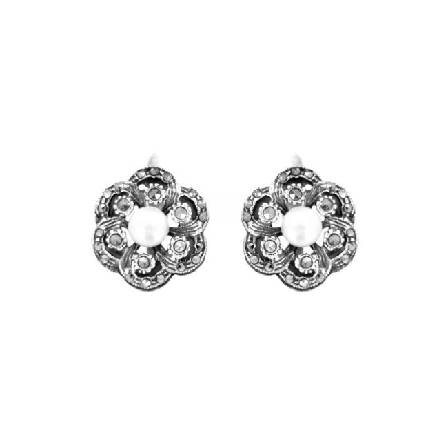 Earrings Flower with Marcasites and Pearl in Silver 