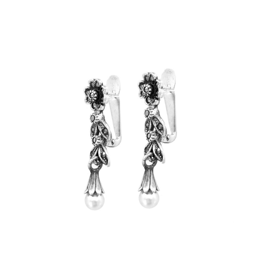Earrings Teardrop with Marcasites and Pearl in Silver 