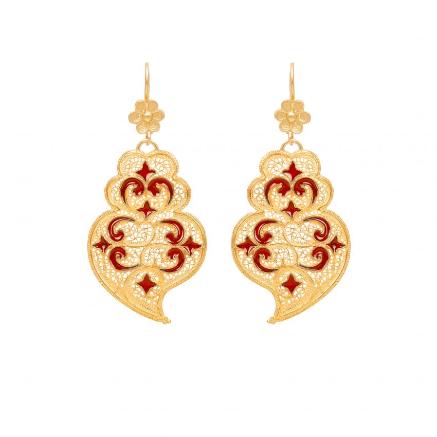 Earrings Heart of Viana Red Azulejo in Gold Plated Silver 