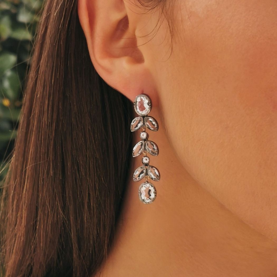 Earrings Leaves XL Rock Crystal in Silver and Gold 