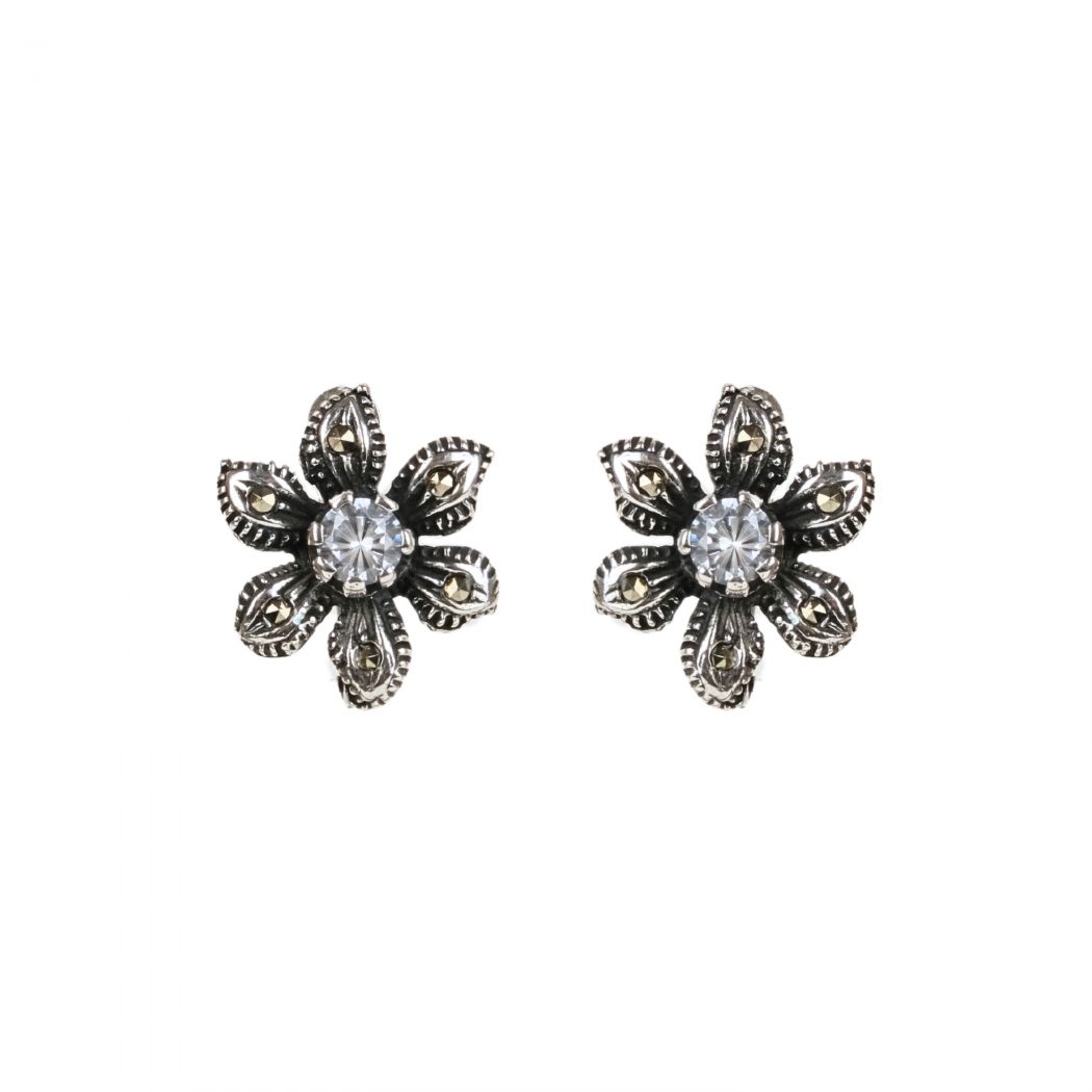 Boucles d'Oreilles Fleur avec Marcassites et Zirconia en Argent 
