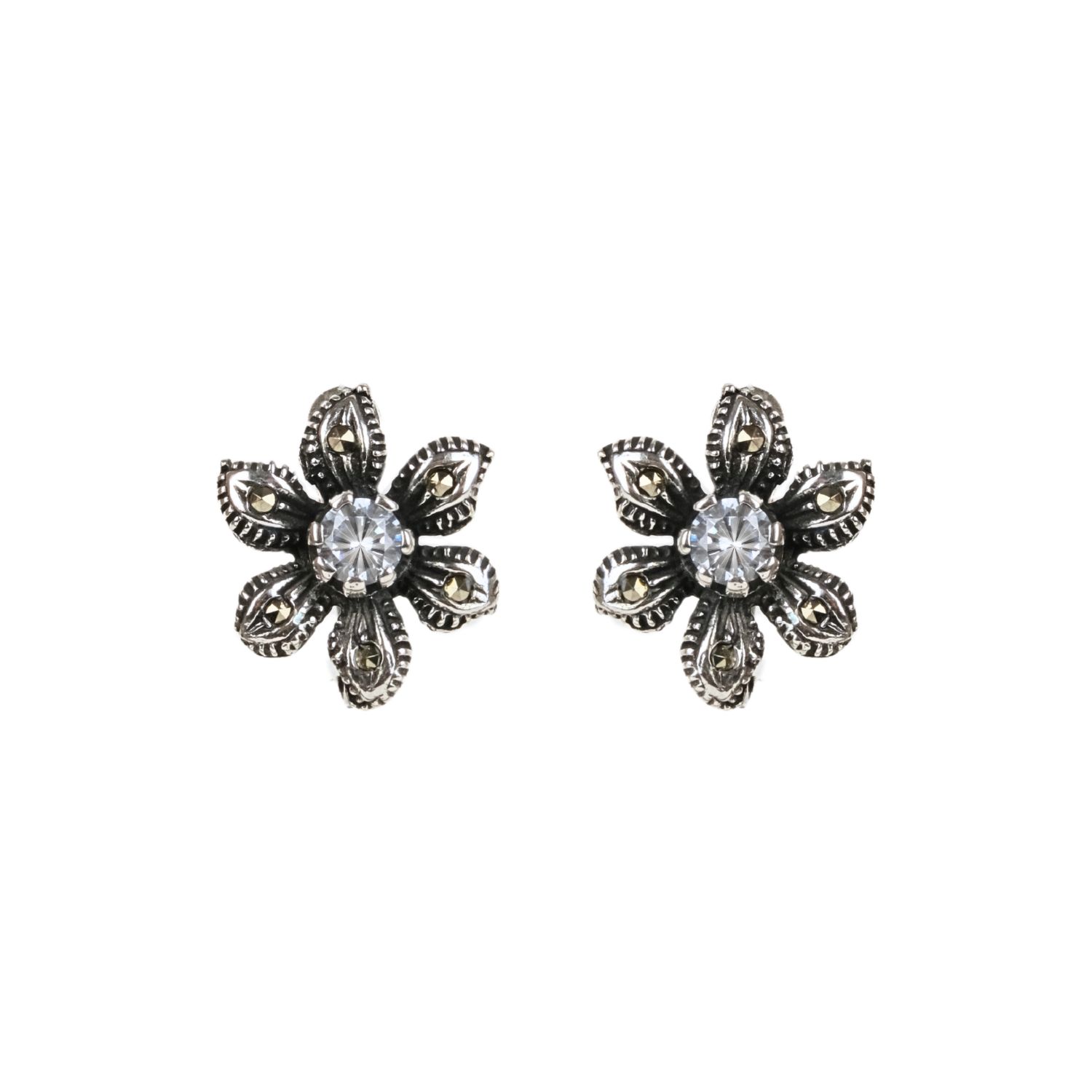 Boucles d'Oreilles Fleur avec Marcassites et Zirconia en Argent 