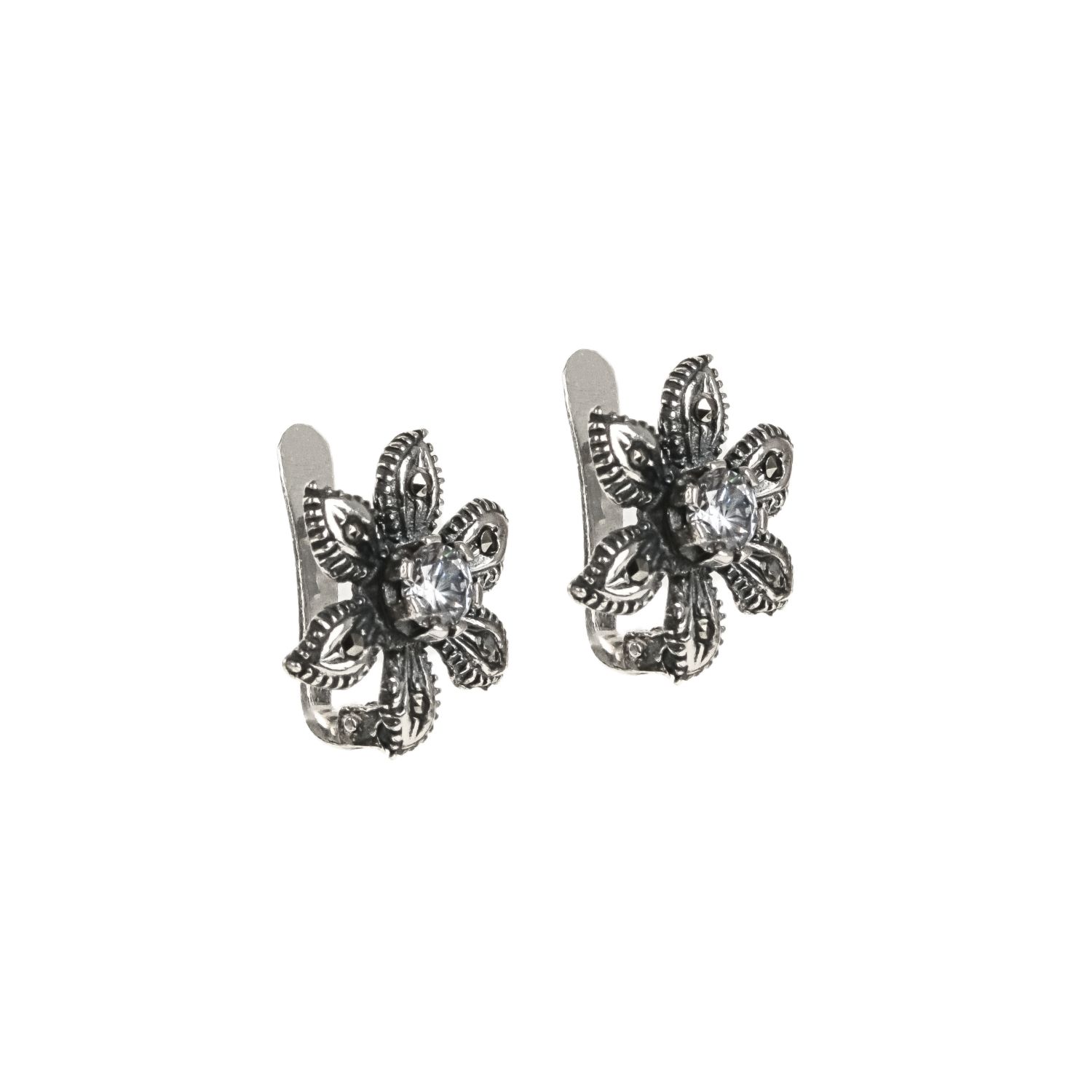 Boucles d'Oreilles Fleur avec Marcassites et Zirconia en Argent 