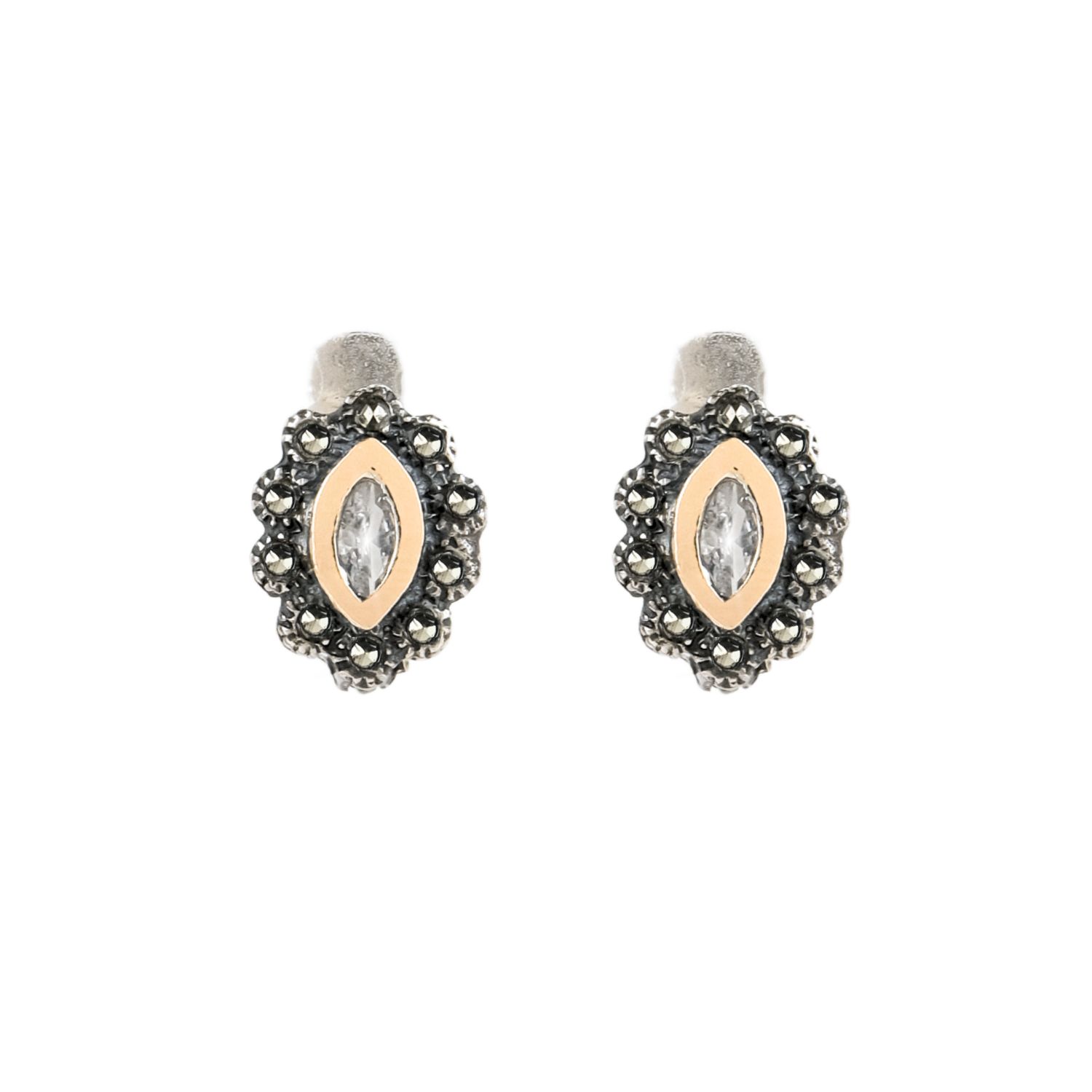 Pendientes Navette de Marcasitas de Plata y Oro Pendientes Navette de Marcasitas de Plata y Oro