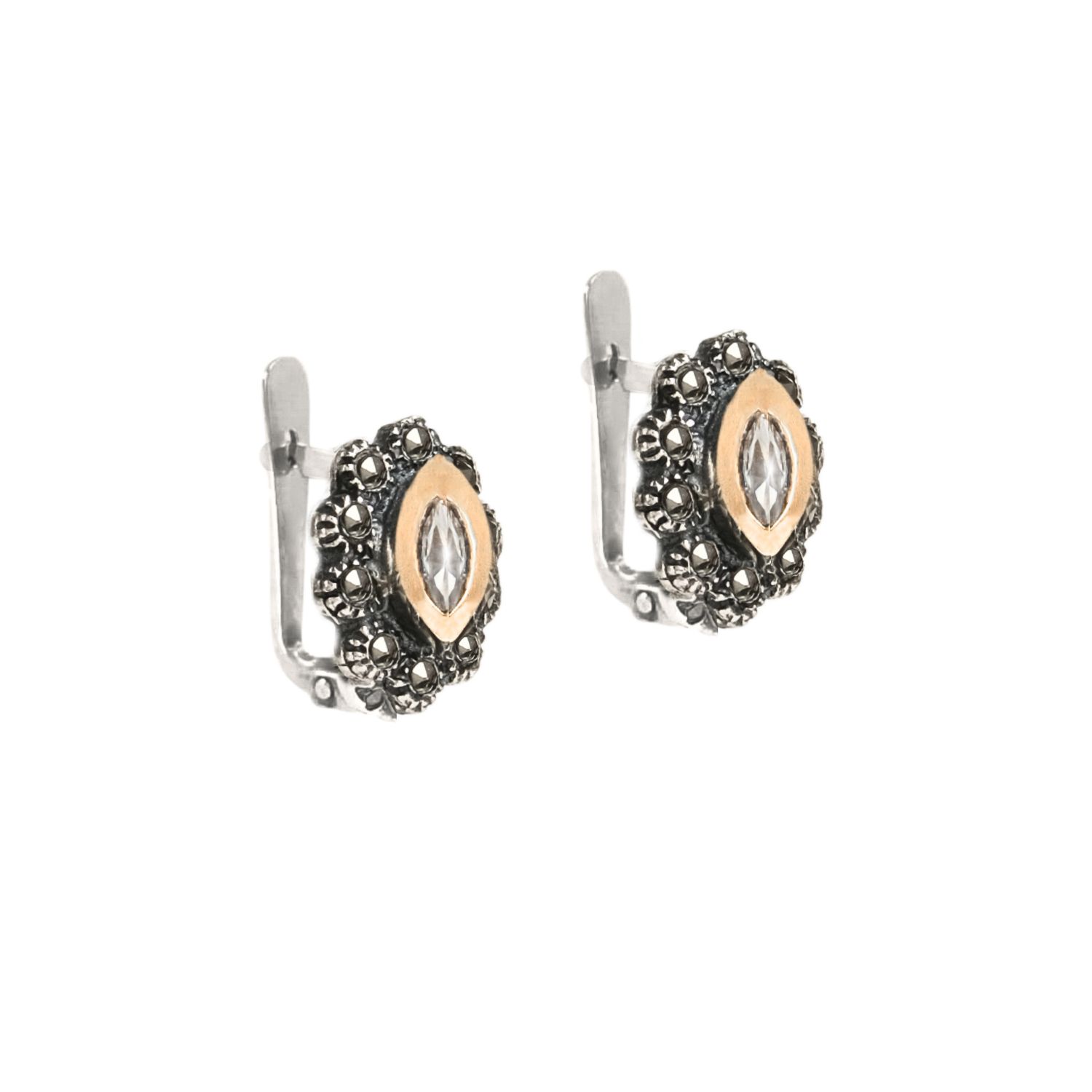 Pendientes Navette de Marcasitas de Plata y Oro Pendientes Navette de Marcasitas de Plata y Oro