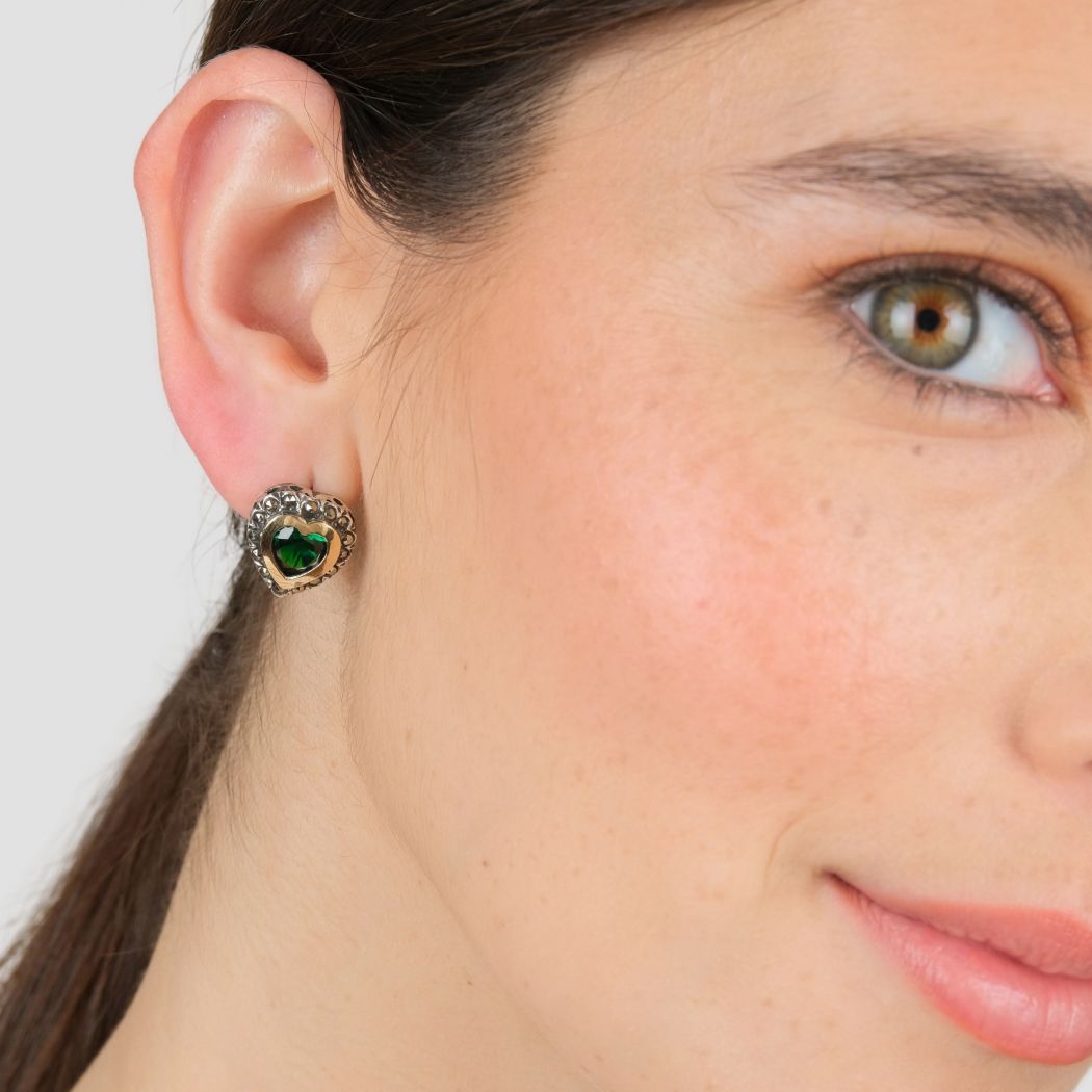 Boucles d'Oreilles Vintage Vert en Argent et Or 