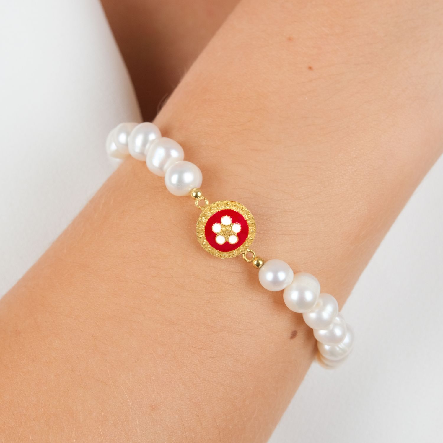 Pulsera Caramujo Roja de Plata Bañada en Oro 
