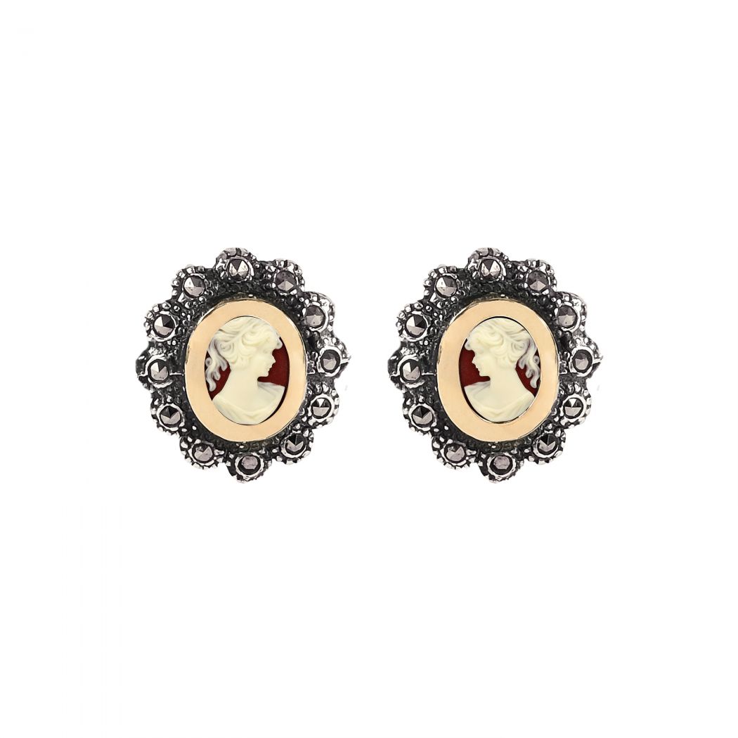 Boucles d'Oreilles Camée avec Marcassites en Argent et Or 