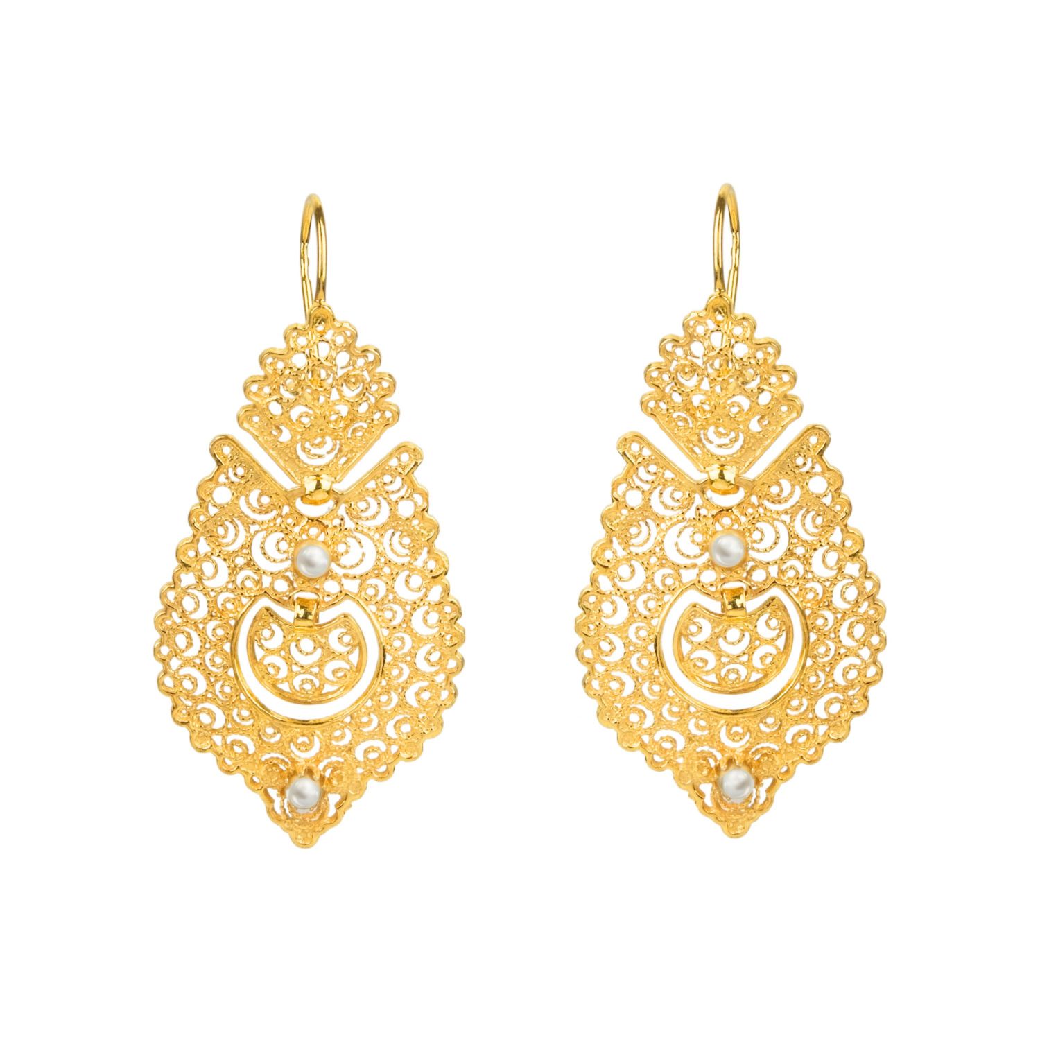 Queen Earrings Filigree in Gold Plated Silver with Pearls Queen Earrings Filigree in Gold Plated Silver with Pearls