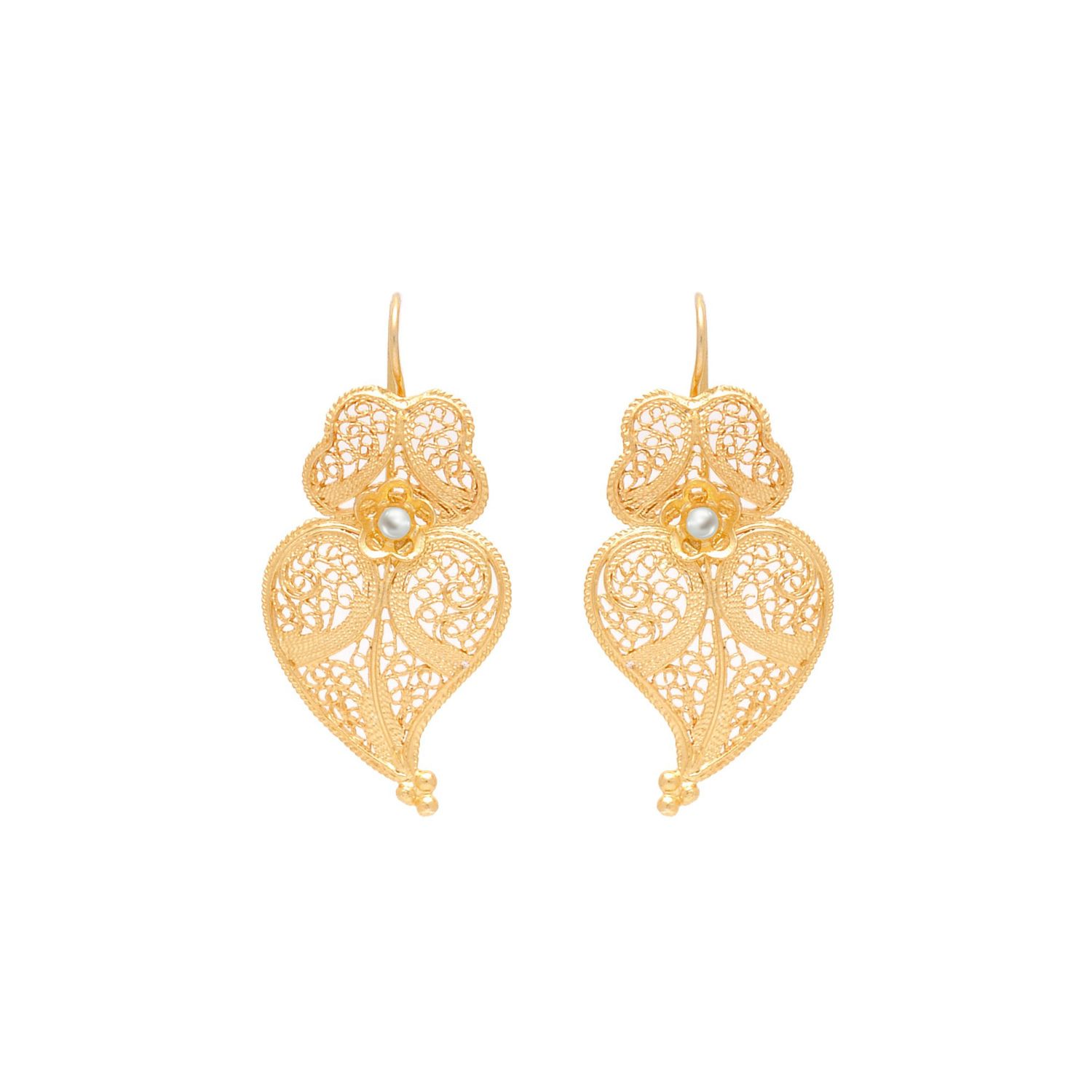Boucles d'Oreilles Coeur de Viana 3,5cm en Argent Plaqué Or et Perle Boucles d'Oreilles Coeur de Viana 3,5cm en Argent Plaqué Or et Perle